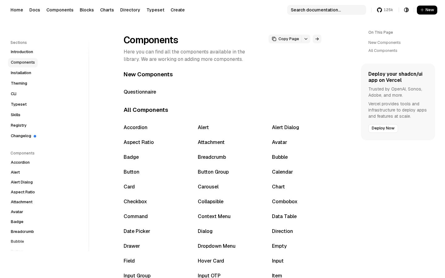 shadcn/ui 组件列表页截图